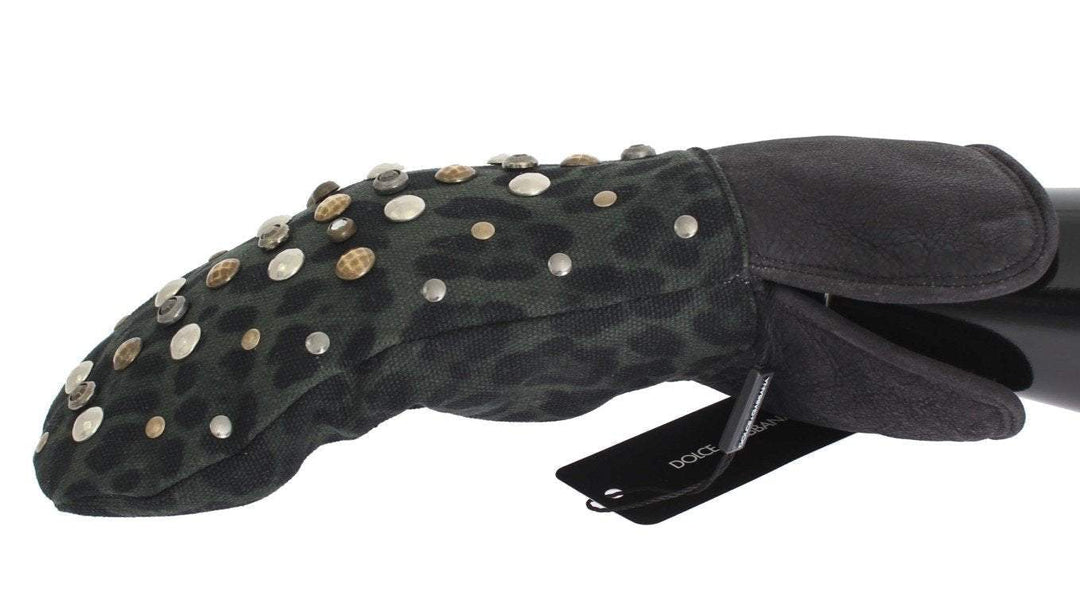 Dolce & Gabbana  Gray Wool Shearling Studded Green Leopard Gloves #men, 9|M, Accessories - New Arrivals, Brand_Dolce & Gabbana, Catch, Dolce & Gabbana, feed-agegroup-adult, feed-color-gray, feed-gender-male, feed-size-9|M, Gender_Men, Gloves - Men - Accessories, Gray, Kogan at SEYMAYKA