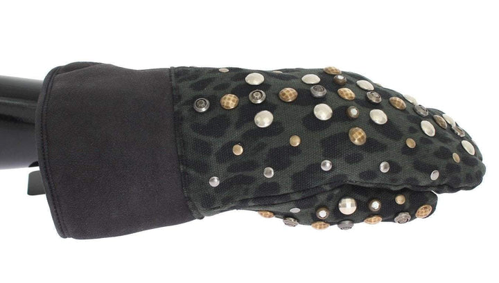 Dolce & Gabbana  Gray Wool Shearling Studded Green Leopard Gloves #men, 9|M, Accessories - New Arrivals, Brand_Dolce & Gabbana, Catch, Dolce & Gabbana, feed-agegroup-adult, feed-color-gray, feed-gender-male, feed-size-9|M, Gender_Men, Gloves - Men - Accessories, Gray, Kogan at SEYMAYKA