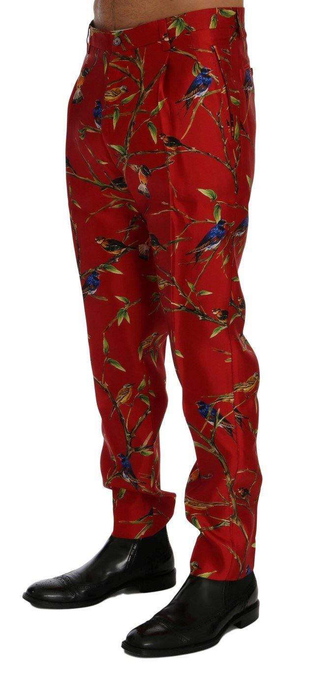 Dolce & Gabbana  Red Silk Bird Print Dress Pants #men, Brand_Dolce & Gabbana, Catch, Dolce & Gabbana, feed-agegroup-adult, feed-color-red, feed-gender-male, feed-size-IT44 | XS, feed-size-IT46 | S, Gender_Men, IT44 | XS, IT46 | S, Jeans & Pants - Men - Clothing, Kogan, Men - New Arrivals, Red at SEYMAYKA