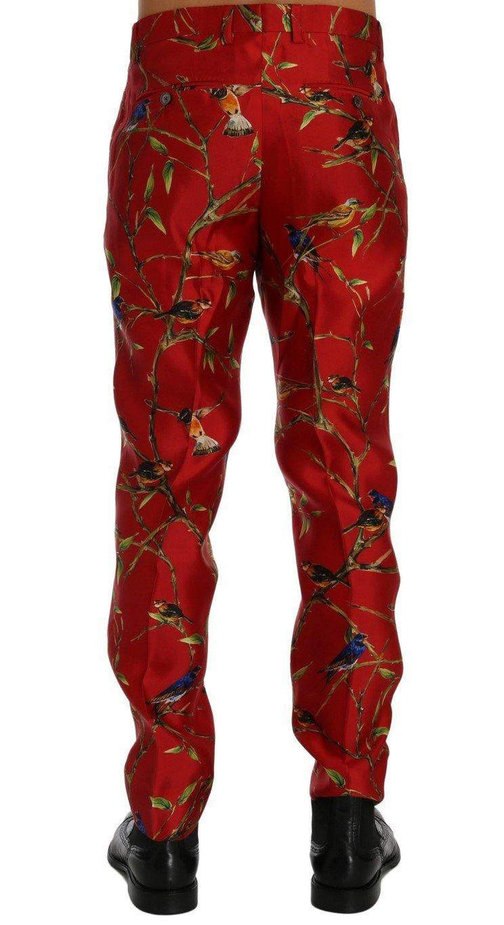 Dolce & Gabbana  Red Silk Bird Print Dress Pants #men, Brand_Dolce & Gabbana, Catch, Dolce & Gabbana, feed-agegroup-adult, feed-color-red, feed-gender-male, feed-size-IT44 | XS, feed-size-IT46 | S, Gender_Men, IT44 | XS, IT46 | S, Jeans & Pants - Men - Clothing, Kogan, Men - New Arrivals, Red at SEYMAYKA