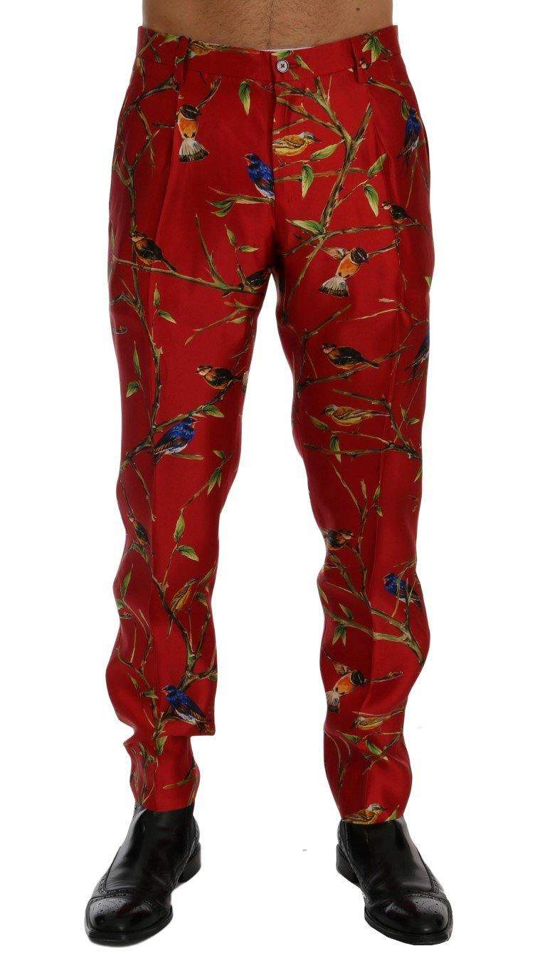 Dolce & Gabbana  Red Silk Bird Print Dress Pants #men, Brand_Dolce & Gabbana, Catch, Dolce & Gabbana, feed-agegroup-adult, feed-color-red, feed-gender-male, feed-size-IT44 | XS, feed-size-IT46 | S, Gender_Men, IT44 | XS, IT46 | S, Jeans & Pants - Men - Clothing, Kogan, Men - New Arrivals, Red at SEYMAYKA