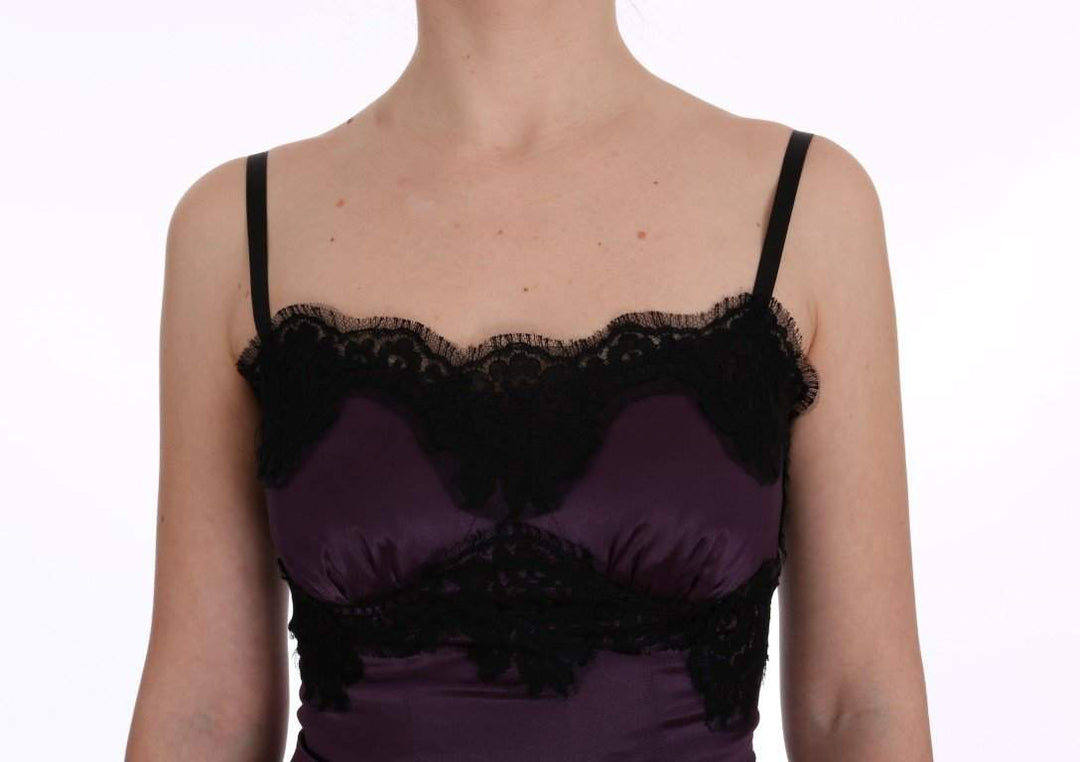 Dolce & Gabbana  Purple Silk Stretch Black Lace Dress #women, Brand_Dolce & Gabbana, Catch, Clothing_Dress, Dolce & Gabbana, Dresses - Women - Clothing, feed-agegroup-adult, feed-color-purple, feed-gender-female, feed-size-IT36 | XS, Gender_Women, IT36 | XS, Kogan, Purple, Women - New Arrivals at SEYMAYKA