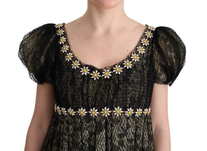 Dolce & Gabbana  Black Yellow Crystal Lace Shift Dress #women, Black, Brand_Dolce & Gabbana, Catch, Clothing_Dress, Dolce & Gabbana, Dresses - Women - Clothing, feed-agegroup-adult, feed-color-black, feed-gender-female, feed-size-IT40|S, Gender_Women, IT40|S, Kogan, Women - New Arrivals at SEYMAYKA