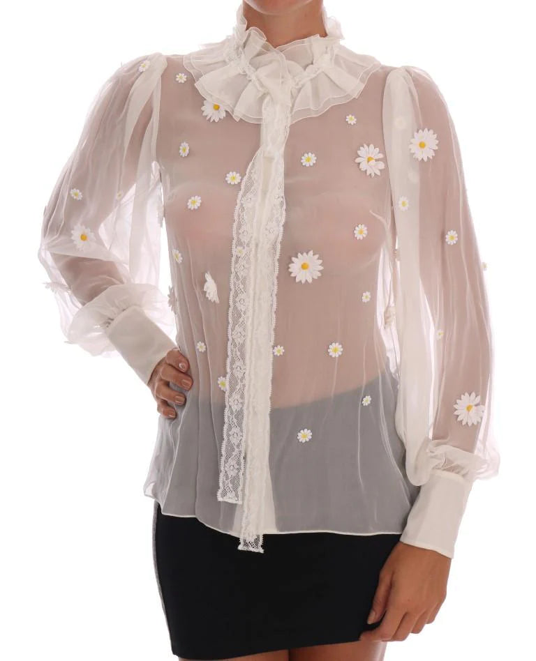 Dolce & Gabbana White Daisy Applique Silk Shirt #women, Brand_Dolce & Gabbana, Catch, Dolce & Gabbana, feed-agegroup-adult, feed-color-white, feed-gender-female, feed-size-IT36 | XS, feed-size-IT38 | S, Gender_Women, IT36 | XS, IT38 | S, Kogan, Shirts - Women - Clothing, White, Women - New Arrivals at SEYMAYKA