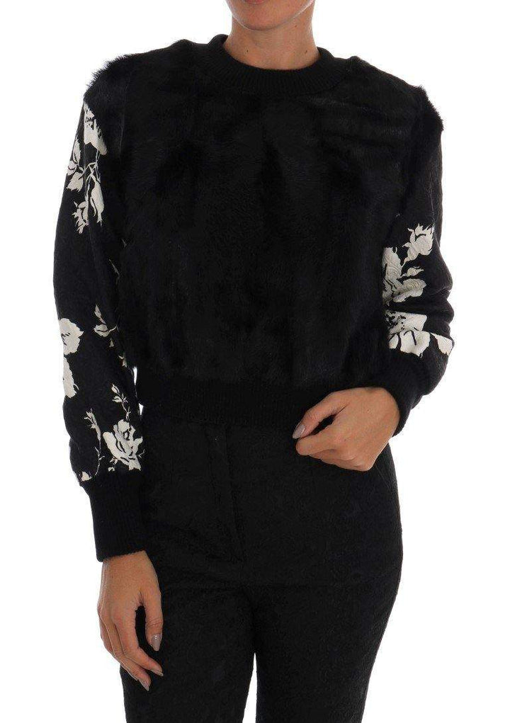 Dolce & Gabbana  Black Fur Floral Brocade Zipper Sweater #women, Black, Brand_Dolce & Gabbana, Catch, Dolce & Gabbana, feed-agegroup-adult, feed-color-black, feed-gender-female, feed-size-IT36 | XS, Gender_Women, IT36 | XS, Kogan, Sweaters - Women - Clothing, Women - New Arrivals at SEYMAYKA