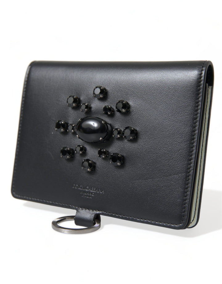 Dolce & Gabbana Black Leather Crystal Embellished Card Holder Wallet