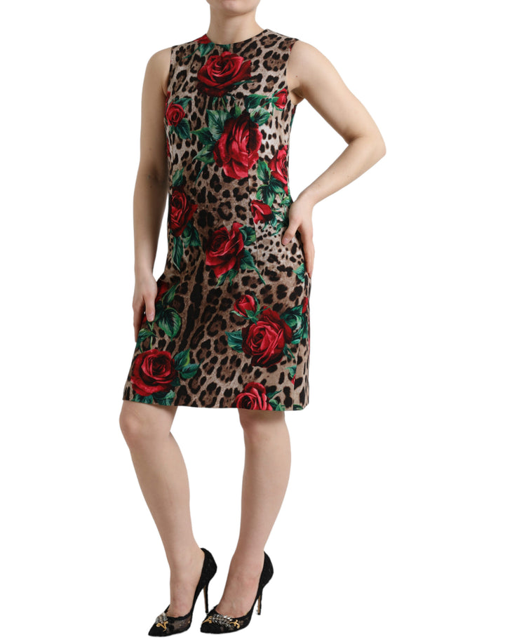 Dolce & Gabbana Brown Leopard Red Roses Wool A-line Dress