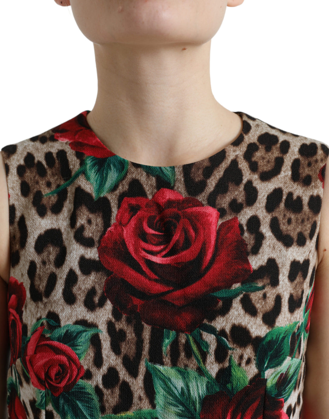 Dolce & Gabbana Brown Leopard Red Roses Wool A-line Dress