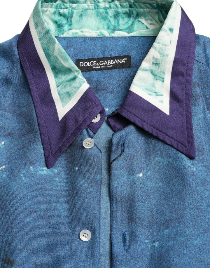 Dolce & Gabbana Blue Ocean Print Silk Collared Button Down Shirt