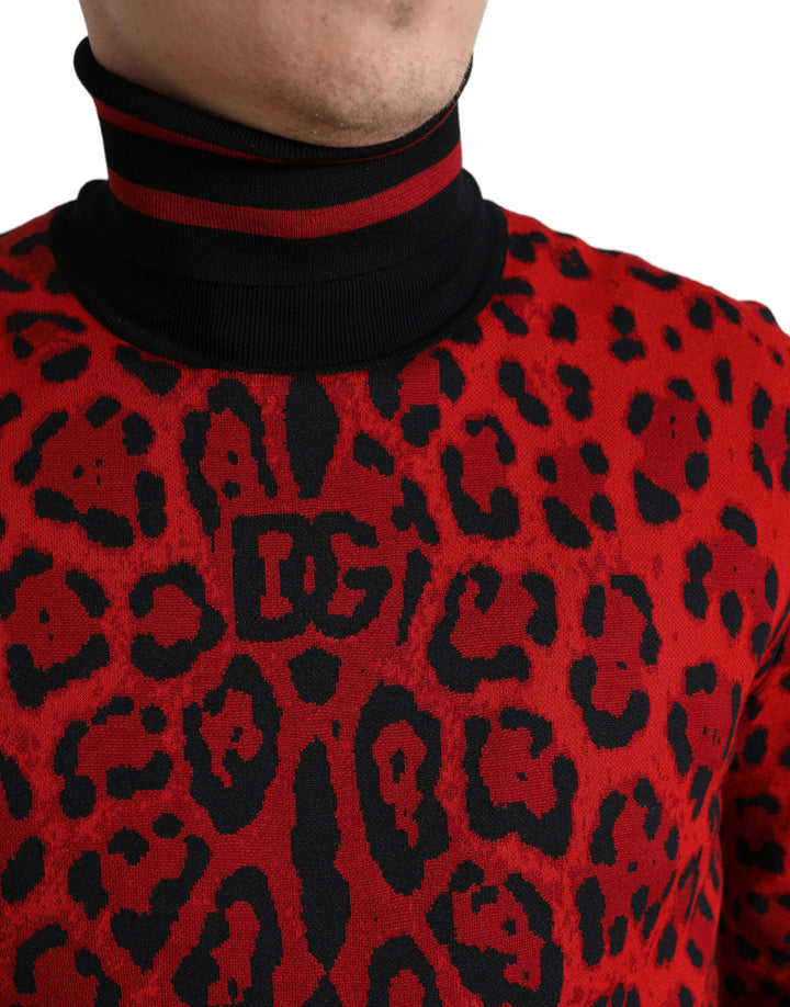 Dolce & Gabbana Red Leopard Print Turtleneck Pullover Sweater