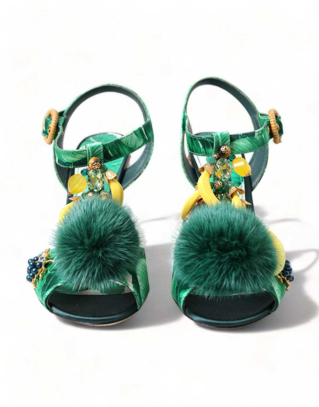 Green Banana Leaf Embellished T-Strap Sandals Shoes