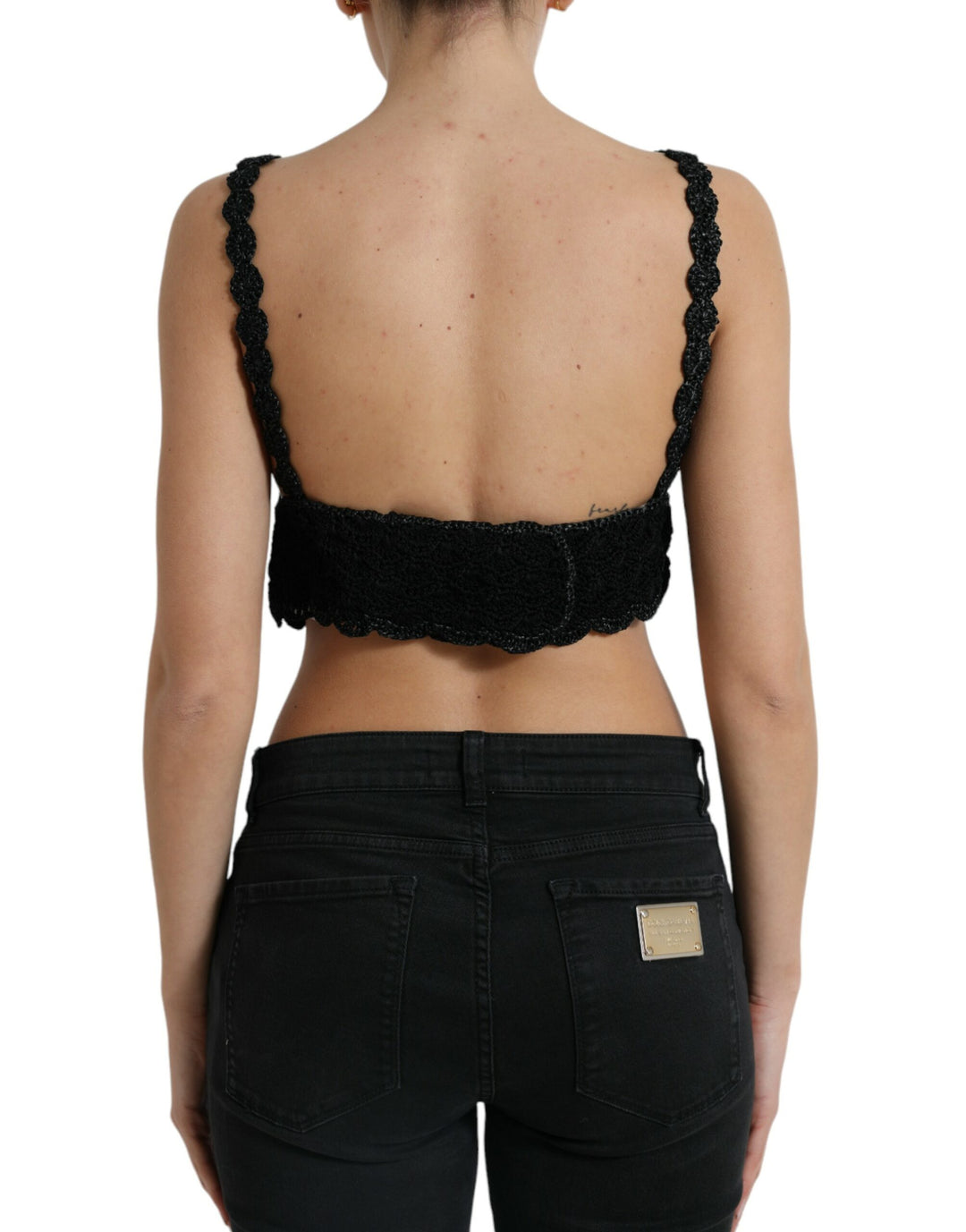 Dolce & Gabbana Black Cotton Bustier Cropped Crochet Tank Top