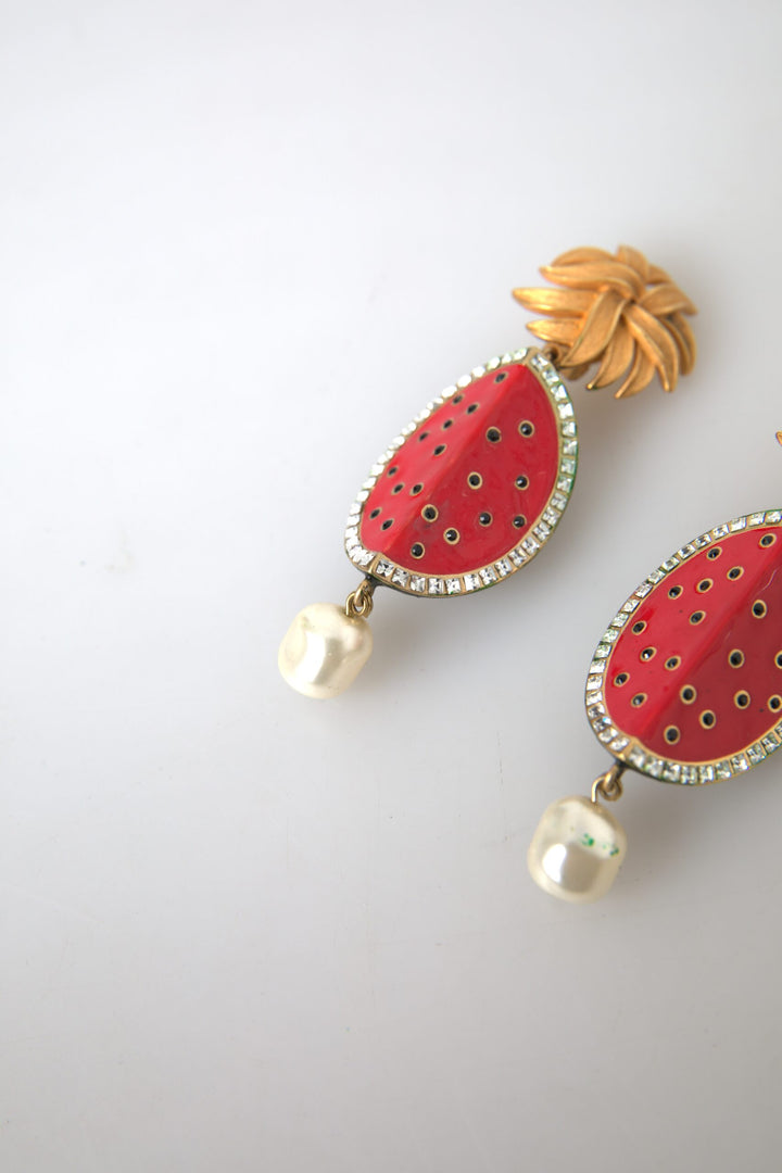 Dolce & Gabbana Red Watermelon Gold Brass Crystal Clip Dangling Earrings