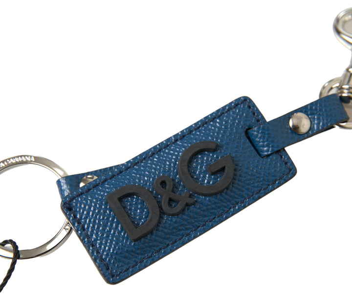 Dolce & Gabbana Blue Leather DG Logo Silver Tone Metal Keychain