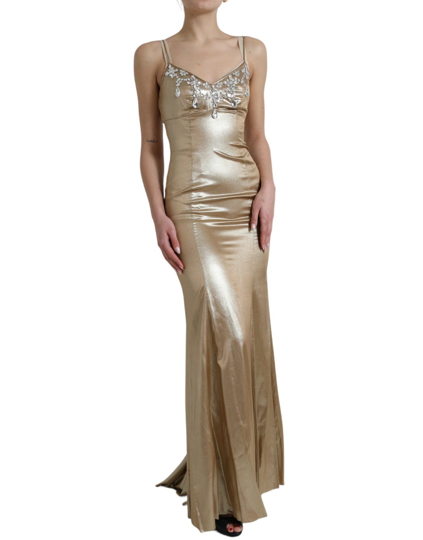 Dolce & Gabbana Metallic Gold Crystal Embellished Gown Dress