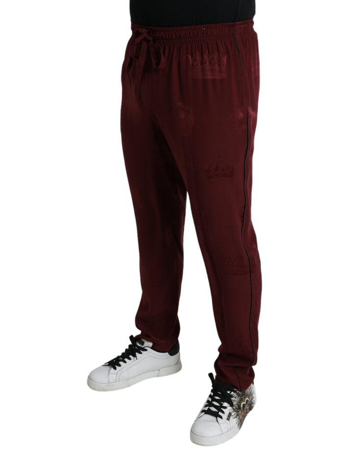 Dolce & Gabbana Maroon Crown Pattern Silk Pajama Pants