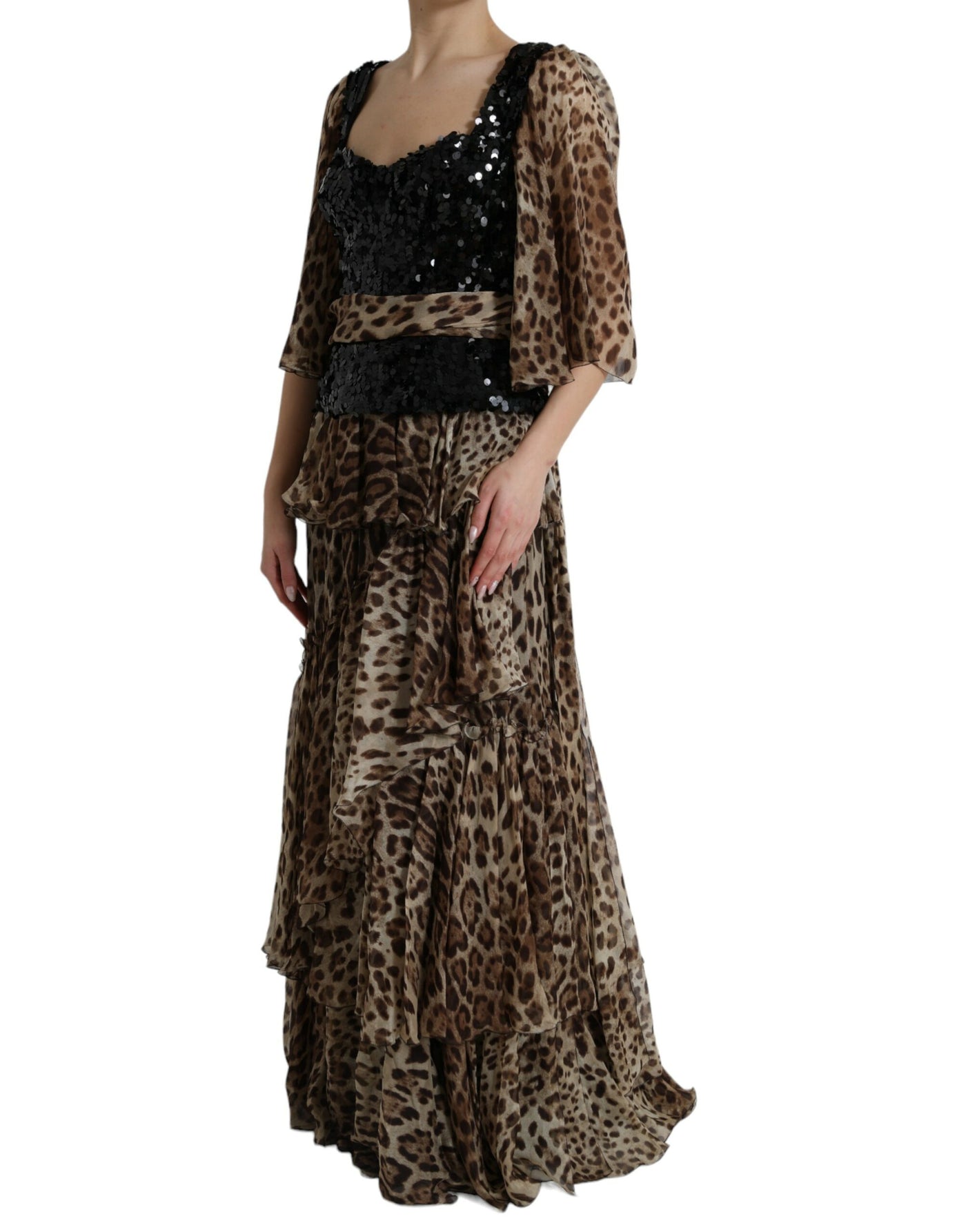 Dolce & Gabbana Brown Leopard Sequined Tiered Long Gown Dress