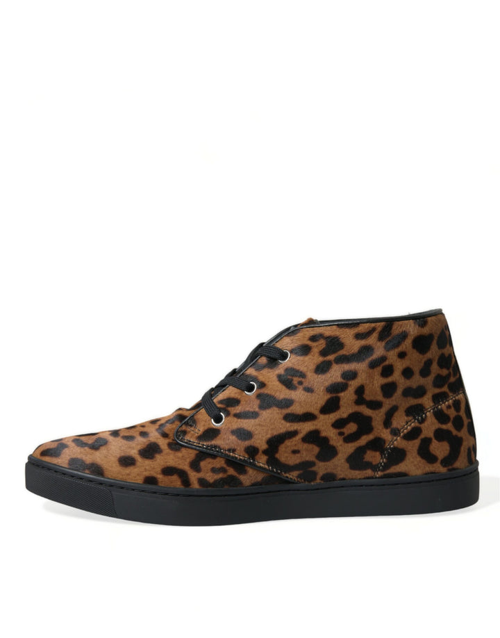 Dolce & Gabbana Brown Leopard Pony Hair Leather Sneakers Shoes