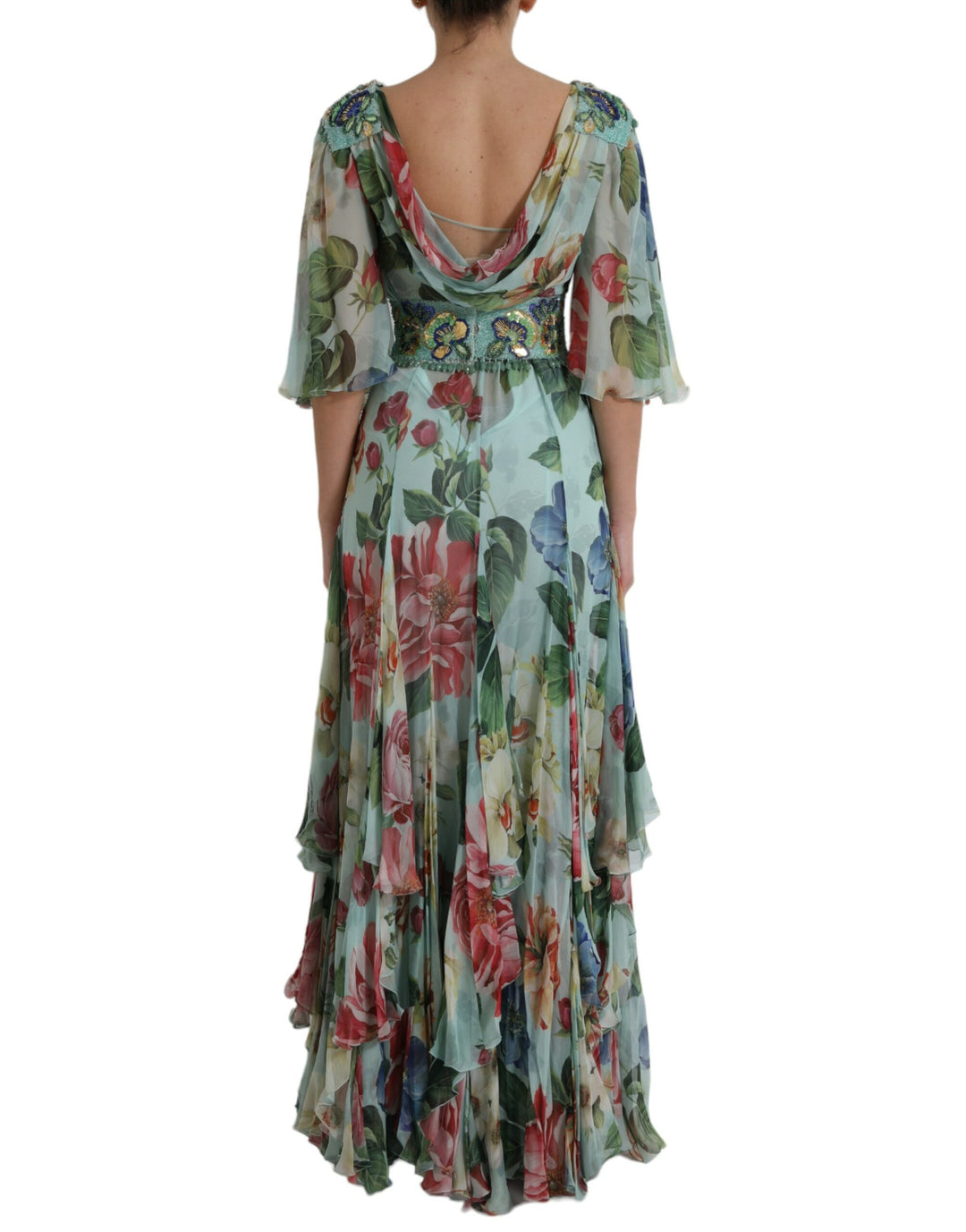 Dolce & Gabbana Blue Floral Print Tiered Long Maxi Dress