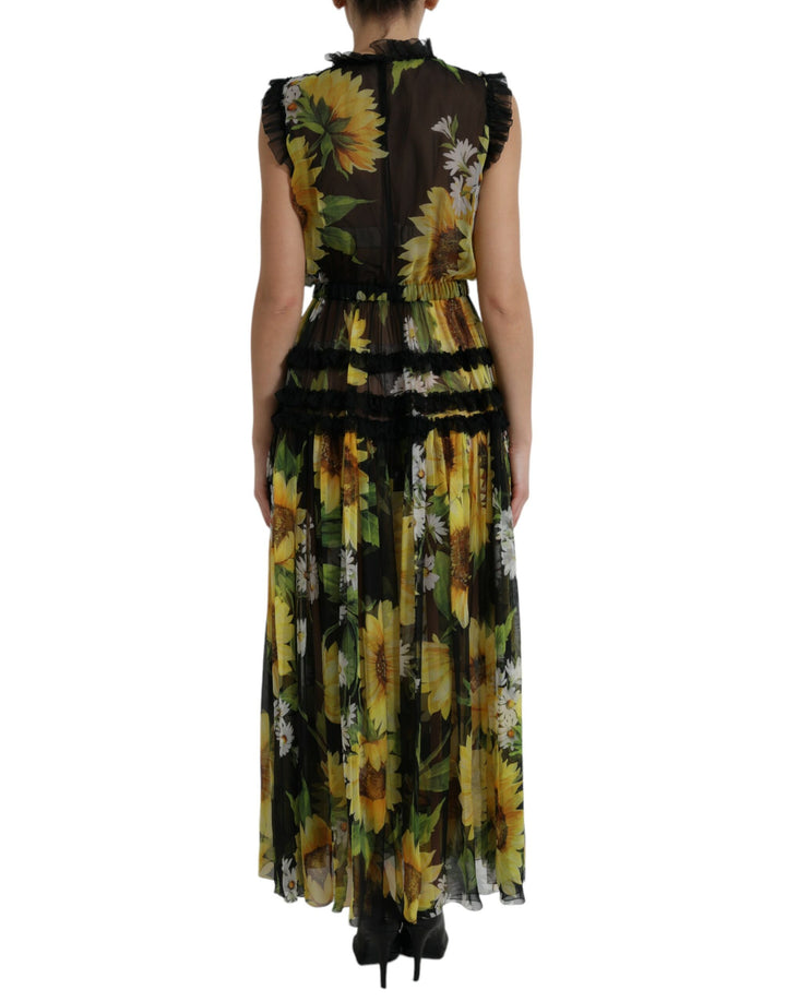 Dolce & Gabbana Black Sunflower A-line Pleated Maxi Dress