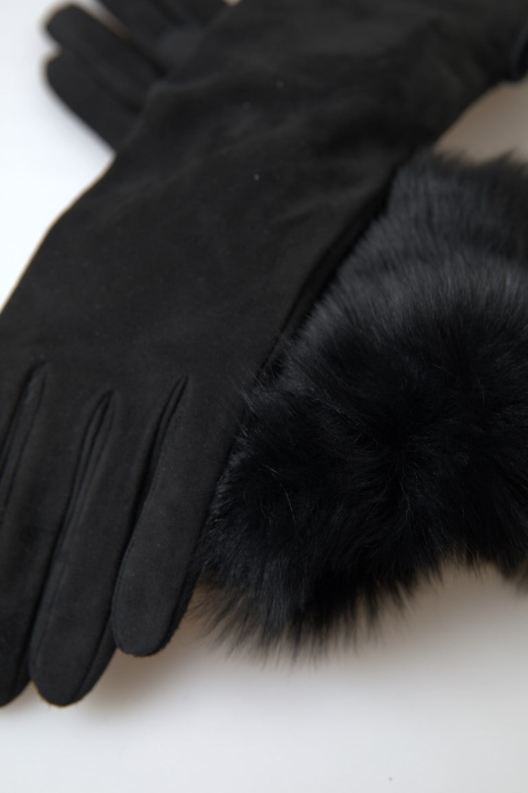 Dolce & Gabbana Black Leather Fur Elbow Length Gloves