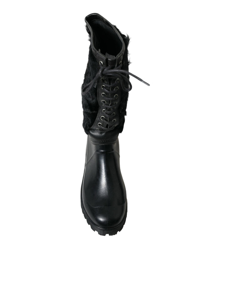 Dolce & Gabbana Black Rubber Lace Up Shearling Rain Boots Shoes