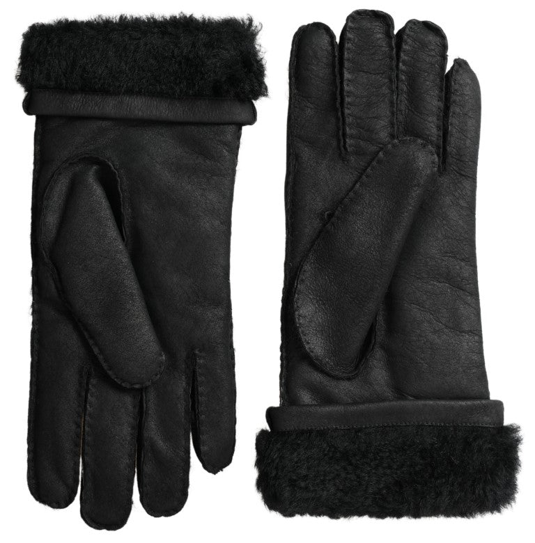 Dolce & Gabbana Black Leather Fur Short Hands Mitten Men Gloves