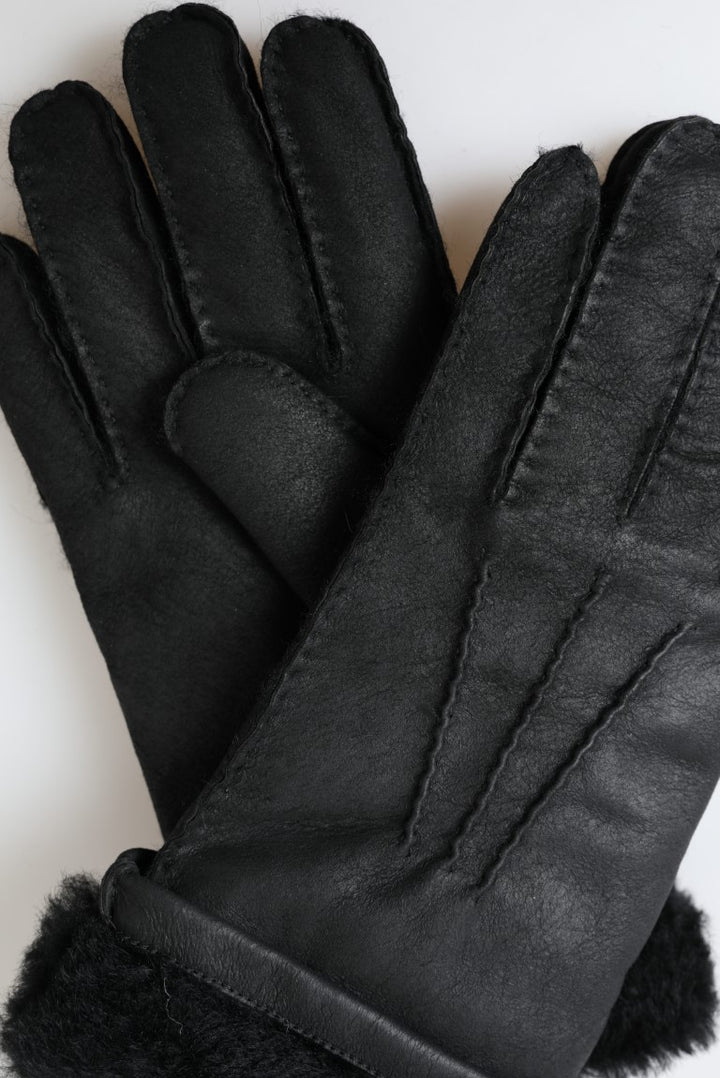 Dolce & Gabbana Black Leather Fur Short Hands Mitten Men Gloves