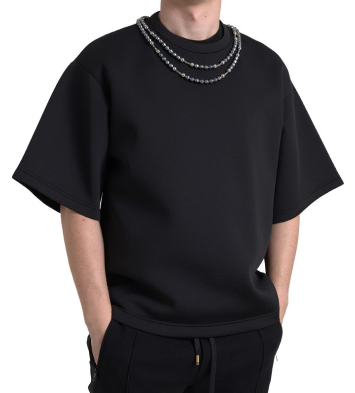 Dolce & Gabbana Black Necklace Embellished Polyester T-shirt