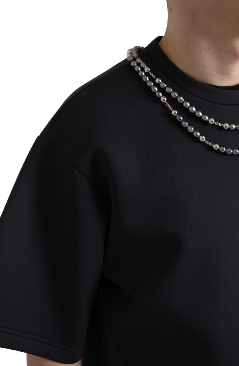 Dolce & Gabbana Black Necklace Embellished Polyester T-shirt