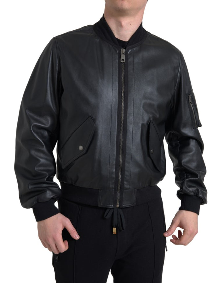 Dolce & Gabbana Black Leather Blouson Full Zip Bomber Jacket