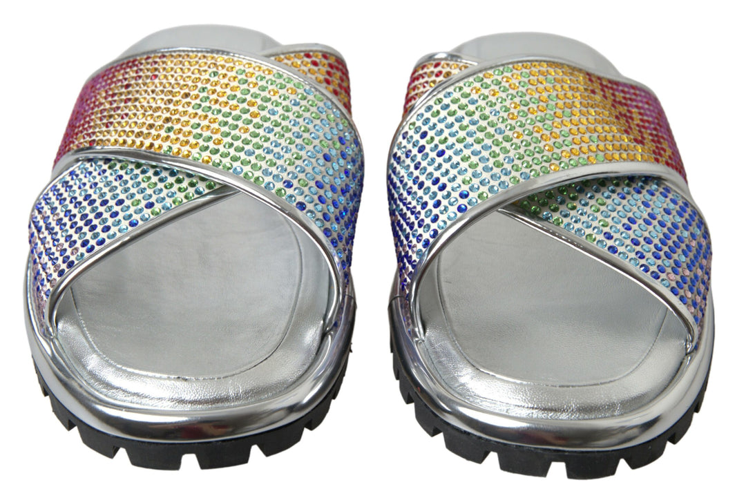 Dolce & Gabbana Silver Crystal Leather Flat Slides Men Shoes