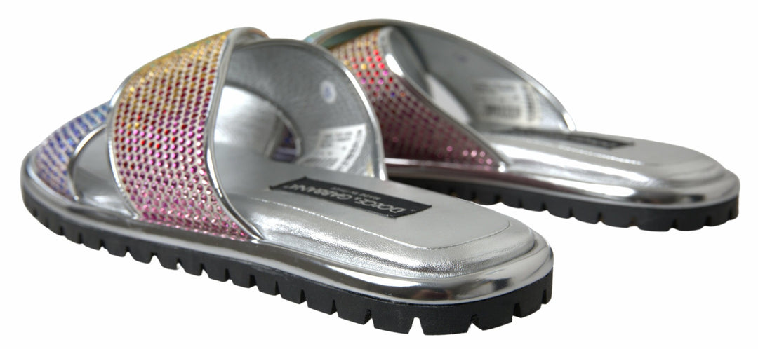 Dolce & Gabbana Silver Crystal Leather Flat Slides Men Shoes