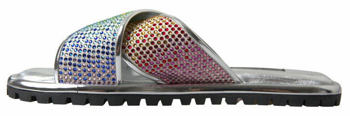 Dolce & Gabbana Silver Crystal Leather Flat Slides Men Shoes