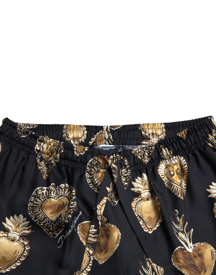 Dolce & Gabbana Black Heart Print Silk Men Pajama Pants
