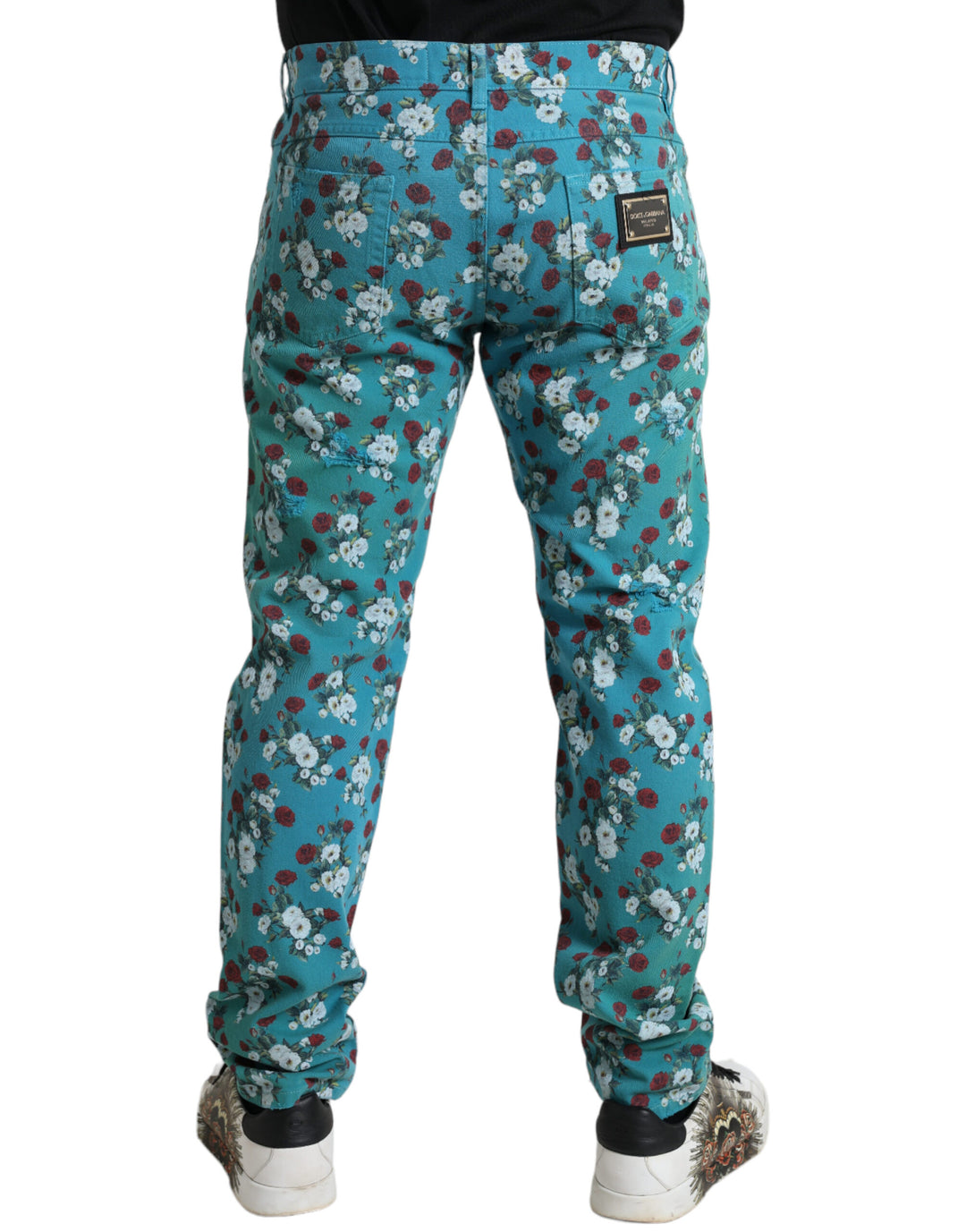 Dolce & Gabbana Blue Floral Print Skinny Cotton Denim Pants