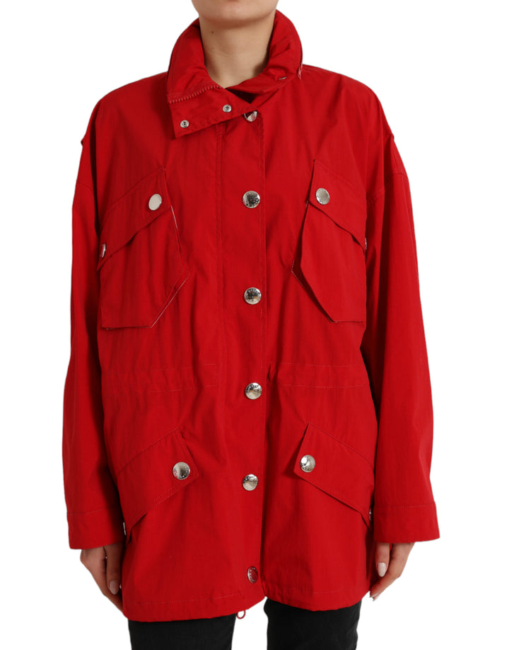 Dolce & Gabbana Red Polyester Hooded Button Rain Coat Jacket