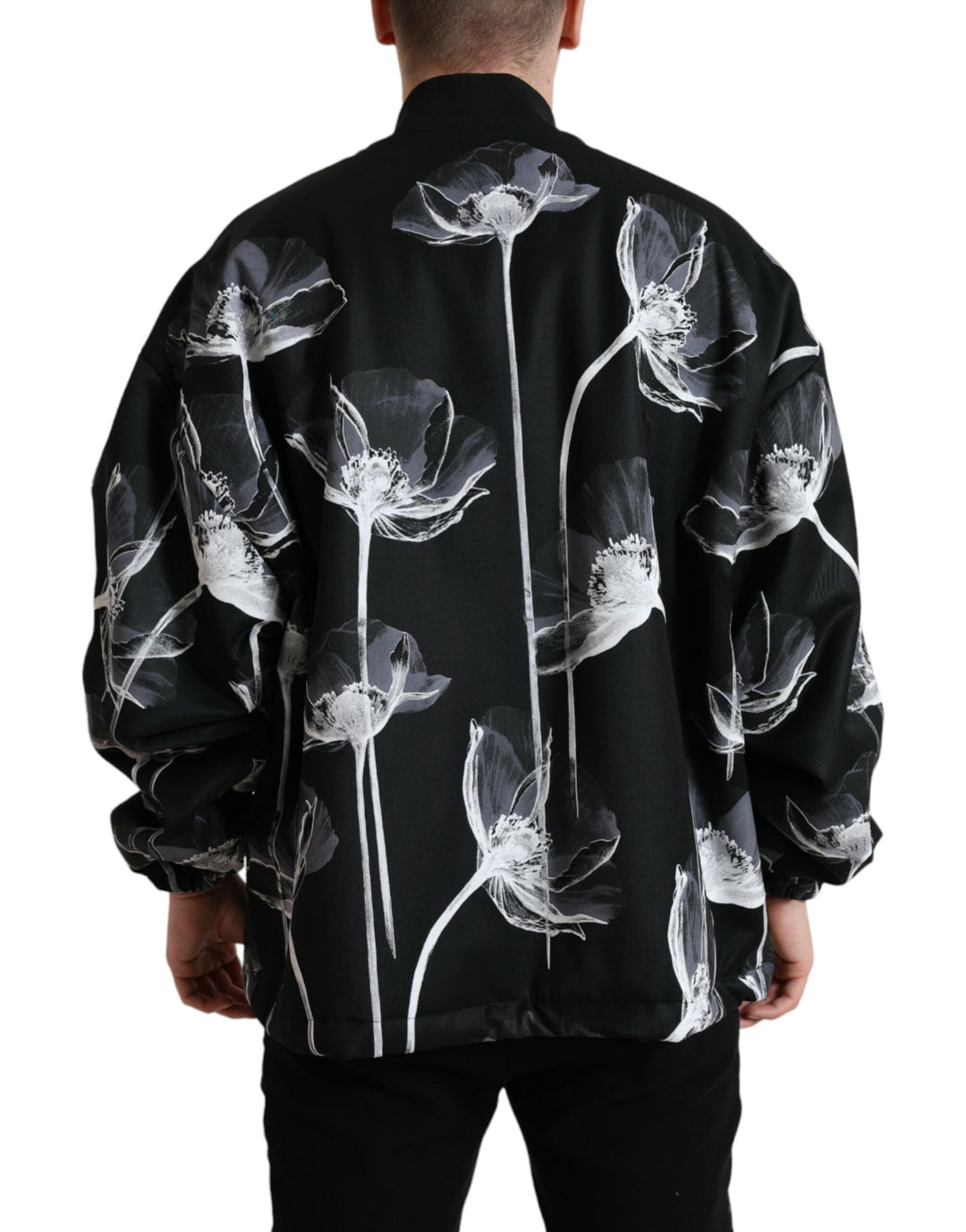 Dolce & Gabbana Black Floral Print Wool Button Down Bomber Jacket