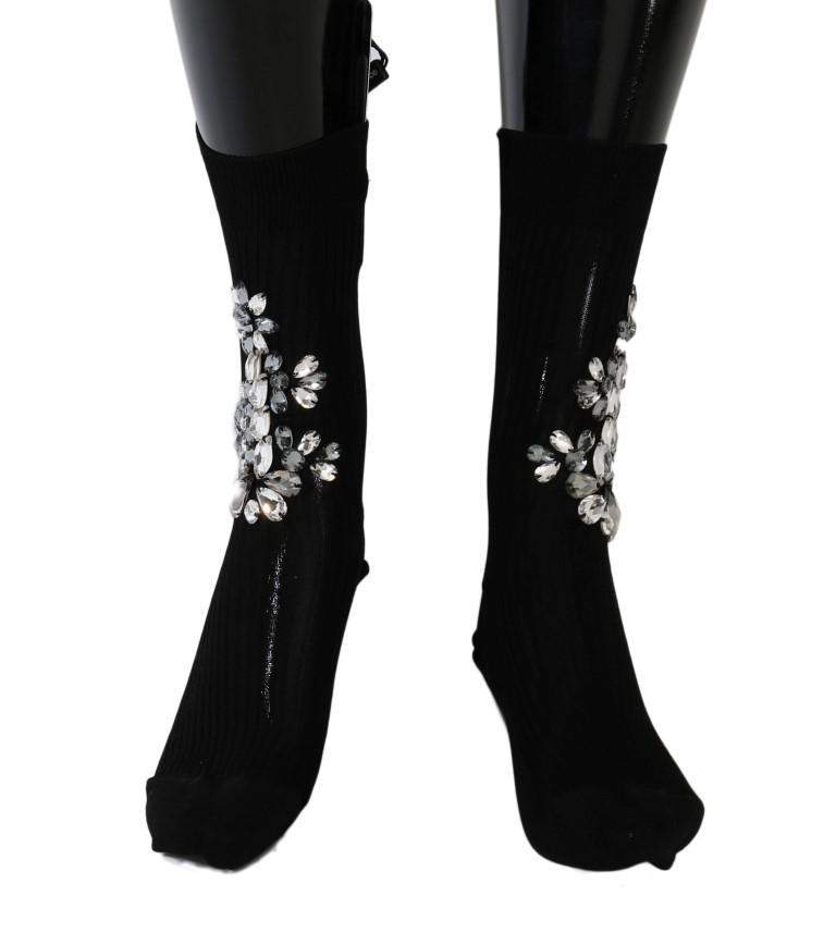 Dolce & Gabbana Black Knitted Floral Clear Crystal Socks #women, Black, Brand_Dolce & Gabbana, Catch, Dolce & Gabbana, feed-agegroup-adult, feed-color-black, feed-gender-female, feed-size-M, feed-size-S, Gender_Women, Kogan, M, S, Tights & Socks - Women - Clothing, Women - New Arrivals at SEYMAYKA