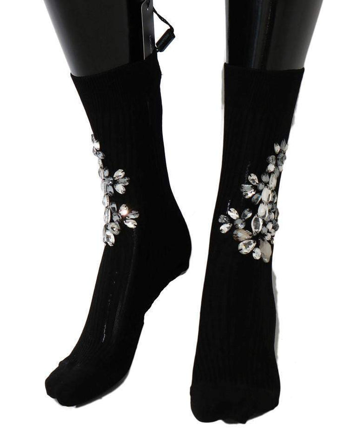 Dolce & Gabbana Black Knitted Floral Clear Crystal Socks #women, Black, Brand_Dolce & Gabbana, Catch, Dolce & Gabbana, feed-agegroup-adult, feed-color-black, feed-gender-female, feed-size-M, feed-size-S, Gender_Women, Kogan, M, S, Tights & Socks - Women - Clothing, Women - New Arrivals at SEYMAYKA