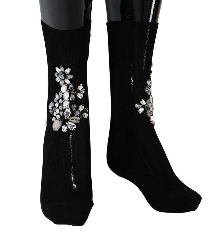 Dolce & Gabbana Black Knitted Floral Clear Crystal Socks #women, Black, Brand_Dolce & Gabbana, Catch, Dolce & Gabbana, feed-agegroup-adult, feed-color-black, feed-gender-female, feed-size-M, feed-size-S, Gender_Women, Kogan, M, S, Tights & Socks - Women - Clothing, Women - New Arrivals at SEYMAYKA