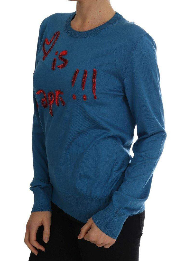 Dolce & Gabbana  Blue Silk Love is Pullover Sweater #women, Blue, Brand_Dolce & Gabbana, Catch, Dolce & Gabbana, feed-agegroup-adult, feed-color-blue, feed-gender-female, feed-size-IT48 | XL, Gender_Women, IT48 | XL, Kogan, Sweaters - Women - Clothing, Women - New Arrivals at SEYMAYKA