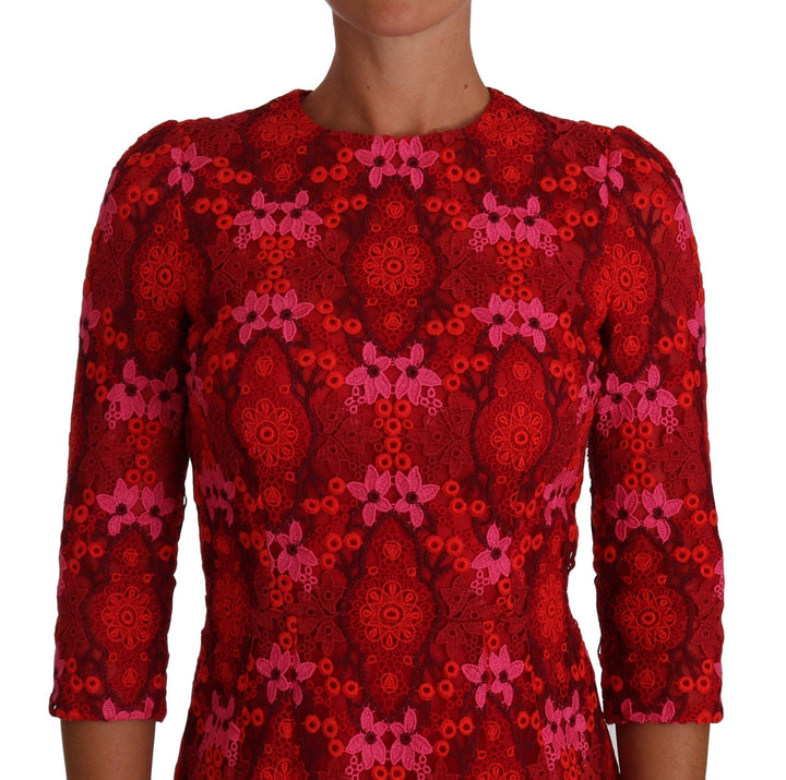 Dolce & Gabbana  Floral Crochet Lace Red Pink Sheath Dress #women, Brand_Dolce & Gabbana, Catch, Clothing_Dress, Dolce & Gabbana, Dresses - Women - Clothing, feed-agegroup-adult, feed-color-pink, feed-gender-female, feed-size-IT40|S, Gender_Women, IT40|S, Kogan, Pink, Women - New Arrivals at SEYMAYKA