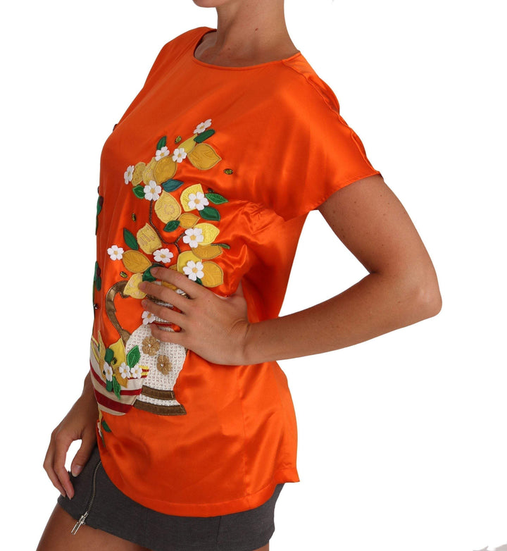 Dolce & Gabbana  Silk Orange Lemon Crystal T-shirt Top #women, Brand_Dolce & Gabbana, Catch, Dolce & Gabbana, feed-agegroup-adult, feed-color-orange, feed-gender-female, feed-size-IT36 | XS, feed-size-IT38|XS, Gender_Women, IT36 | XS, IT38|XS, Kogan, Orange, Tops & T-Shirts - Women - Clothing, Women - New Arrivals at SEYMAYKA