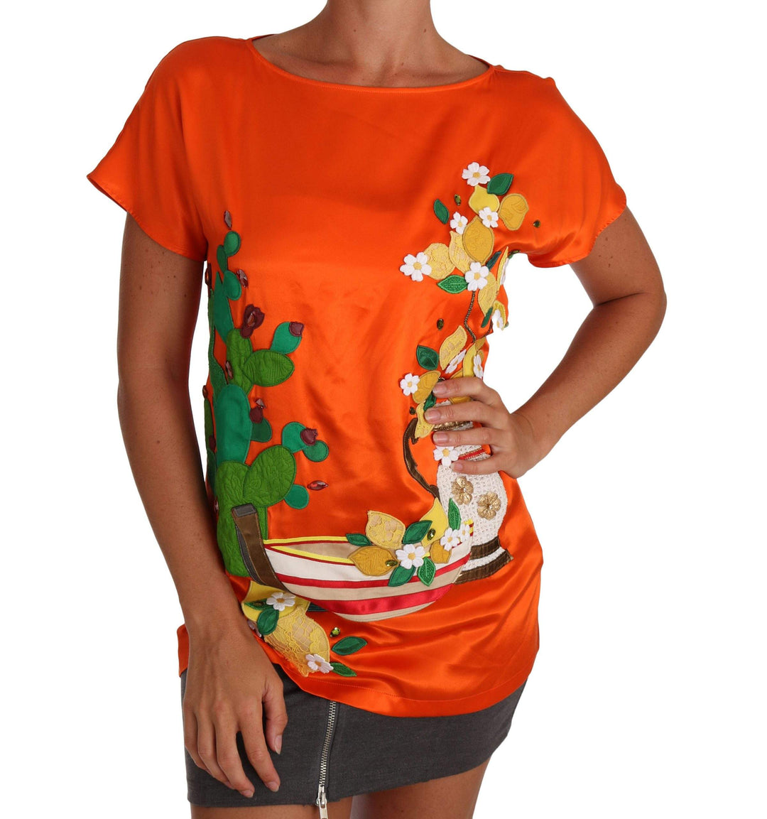 Dolce & Gabbana  Silk Orange Lemon Crystal T-shirt Top #women, Brand_Dolce & Gabbana, Catch, Dolce & Gabbana, feed-agegroup-adult, feed-color-orange, feed-gender-female, feed-size-IT36 | XS, feed-size-IT38|XS, Gender_Women, IT36 | XS, IT38|XS, Kogan, Orange, Tops & T-Shirts - Women - Clothing, Women - New Arrivals at SEYMAYKA