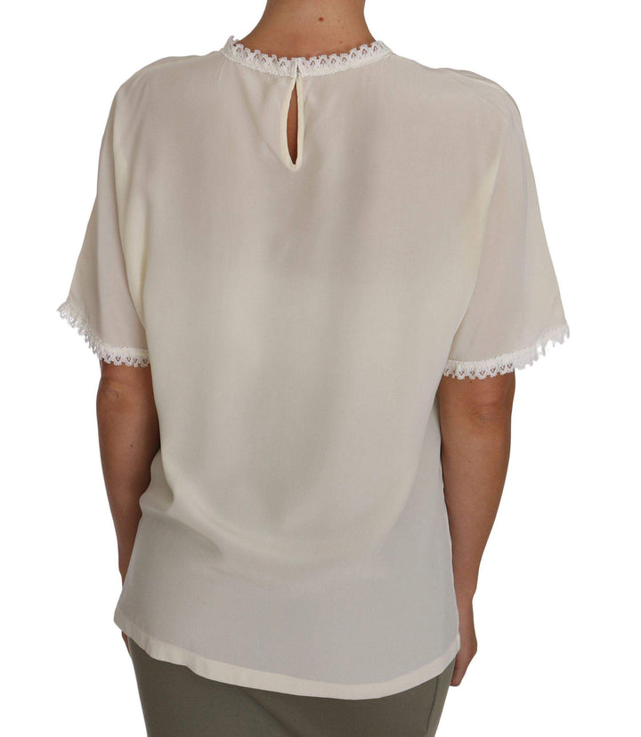 Dolce & Gabbana  White Cream Silk Lace Top Blouse T-Shirt #women, Brand_Dolce & Gabbana, Catch, Dolce & Gabbana, feed-agegroup-adult, feed-color-white, feed-gender-female, feed-size-IT44|L, Gender_Women, IT44|L, Kogan, Tops & T-Shirts - Women - Clothing, White, Women - New Arrivals at SEYMAYKA