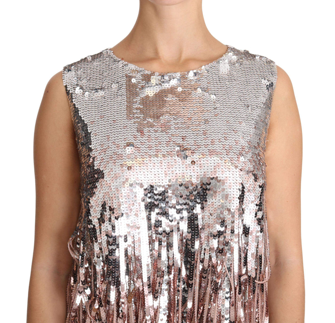 Dolce & Gabbana  Golden Pink Sequined Fringe Tank Top #women, Brand_Dolce & Gabbana, Catch, Dolce & Gabbana, Dresses - Women - Clothing, feed-agegroup-adult, feed-color-gold, feed-color-pink, feed-gender-female, feed-size-IT36 | XS, feed-size-IT42|M, feed-size-IT48|XXL, Gender_Women, Gold and Pink, IT36 | XS, IT42|M, IT44|L, IT48|XXL, Kogan, Women - New Arrivals at SEYMAYKA