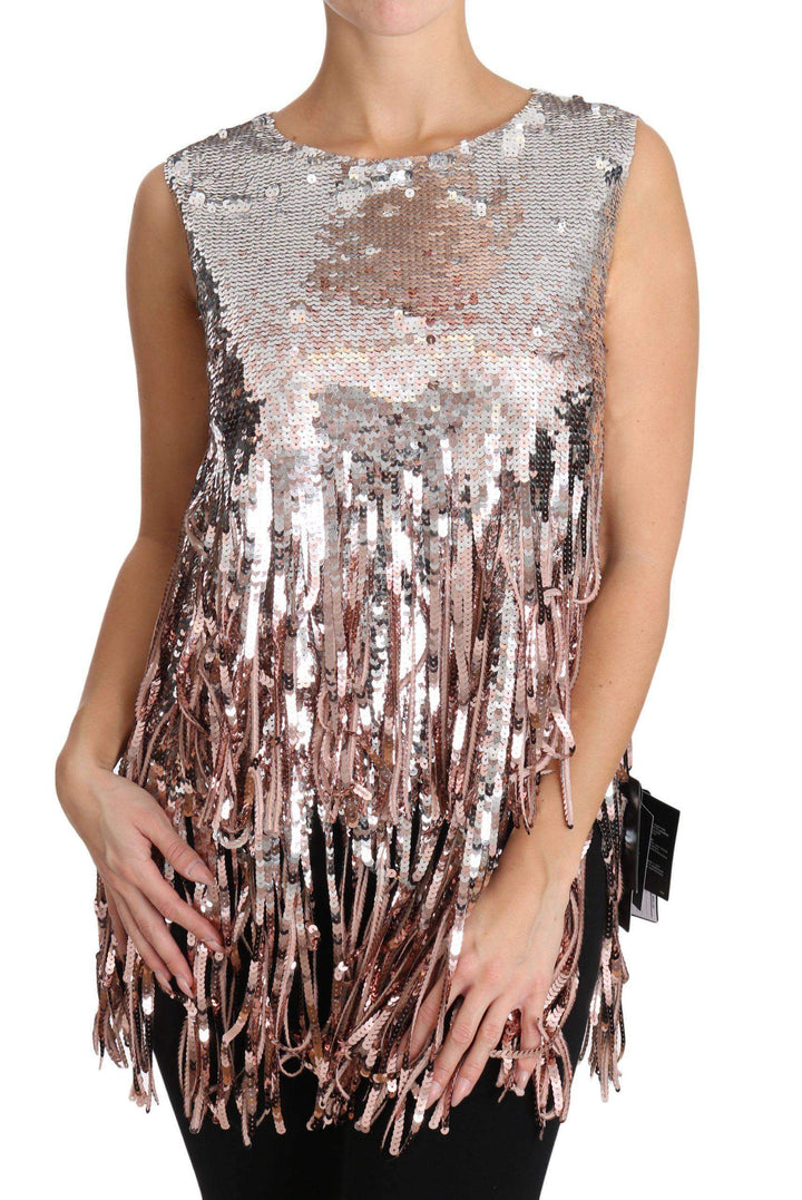 Dolce & Gabbana  Golden Pink Sequined Fringe Tank Top #women, Brand_Dolce & Gabbana, Catch, Dolce & Gabbana, Dresses - Women - Clothing, feed-agegroup-adult, feed-color-gold, feed-color-pink, feed-gender-female, feed-size-IT36 | XS, feed-size-IT42|M, feed-size-IT48|XXL, Gender_Women, Gold and Pink, IT36 | XS, IT42|M, IT44|L, IT48|XXL, Kogan, Women - New Arrivals at SEYMAYKA