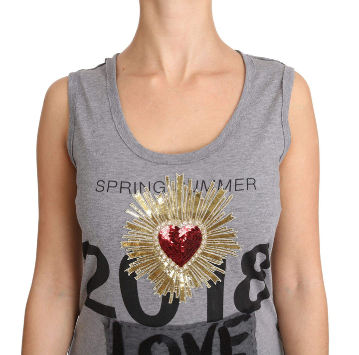 Dolce & Gabbana  Gray Tank Top Crystal Sequined Heart  T-shirt #women, Brand_Dolce & Gabbana, Catch, Dolce & Gabbana, feed-agegroup-adult, feed-color-gray, feed-gender-female, feed-size-IT38|XS, Gender_Women, Gray, IT38|XS, Kogan, Tops & T-Shirts - Women - Clothing, Women - New Arrivals at SEYMAYKA