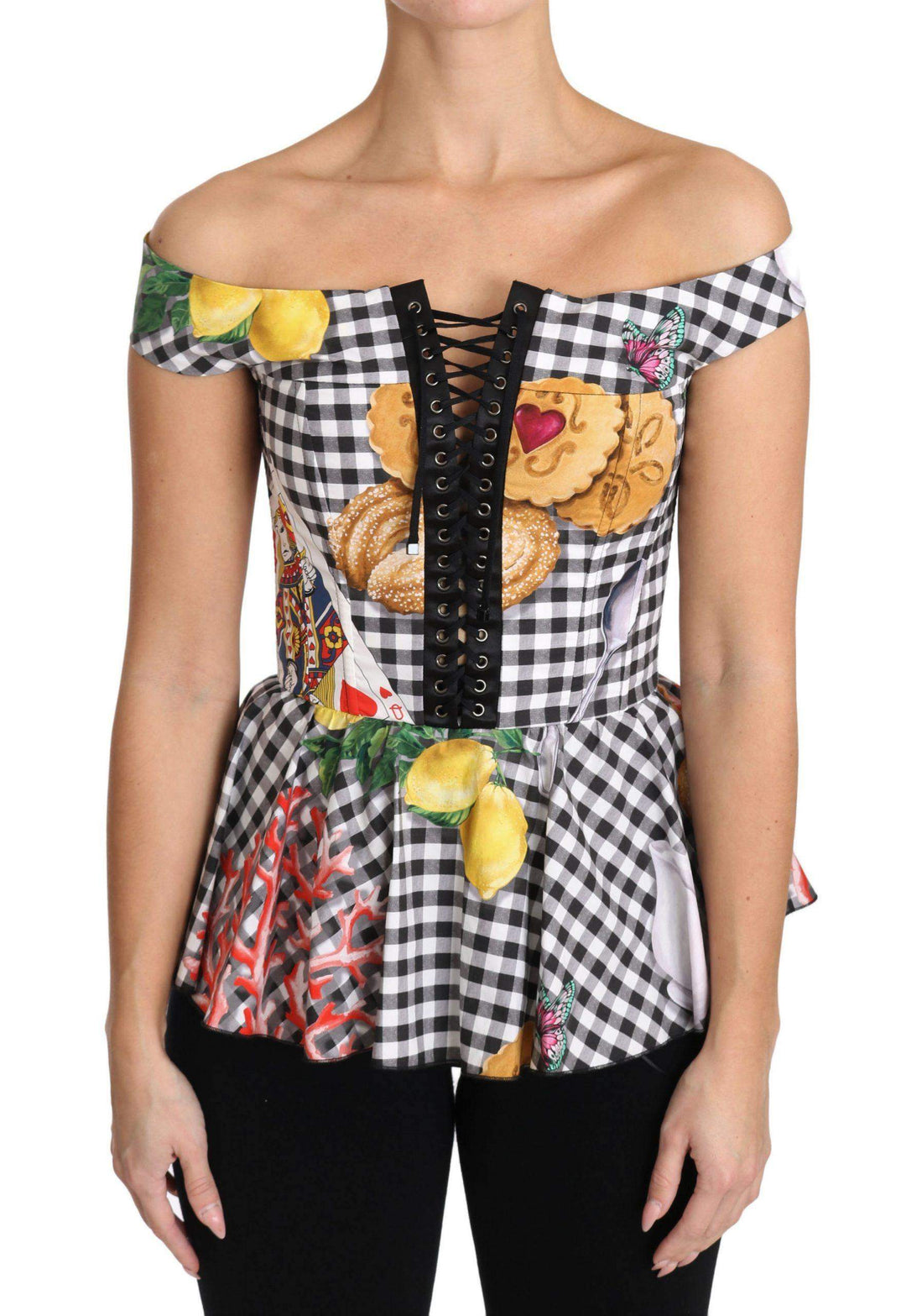 Dolce & Gabbana  Black and White Corset Blouse Sicily Lemon Check Top #women, Black/White, Brand_Dolce & Gabbana, Catch, Dolce & Gabbana, feed-agegroup-adult, feed-color-black, feed-color-white, feed-gender-female, feed-size-IT36|XXS, feed-size-IT38|XS, feed-size-IT40|S, feed-size-IT42|M, Gender_Women, IT36|XXS, IT38|XS, IT40|S, IT42|M, Kogan, Tops & T-Shirts - Women - Clothing, Women - New Arrivals at SEYMAYKA